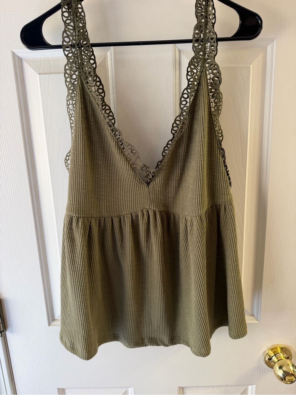 Umgee Olive Ribbed Crocket Lace-Trim Babydoll Tank Top